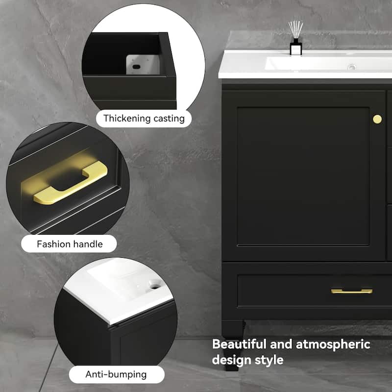 Bathroom Vanity with Ceramic Sink, Wooden Bathroom Storage Cabinet, Bathroom Cabinet with Soft Close Doors & 3 Drawers
