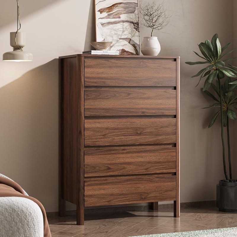 FURNIWAY Walnut Drawer Tall Dresser, Modern Chest with Hidden Handles, Storage Organizer