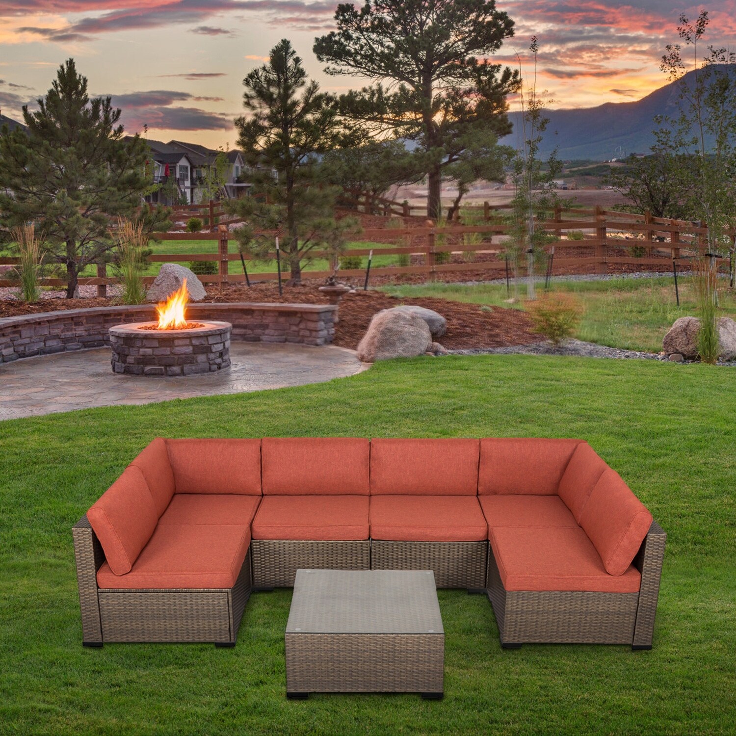 Shop Kinbor 7 Piece Patio Furniture Set Outdoor All Weather Rattan Sectional Sofa Cushioned Conversation Set W Coffee Table Overstock 31636172 Maple Orange