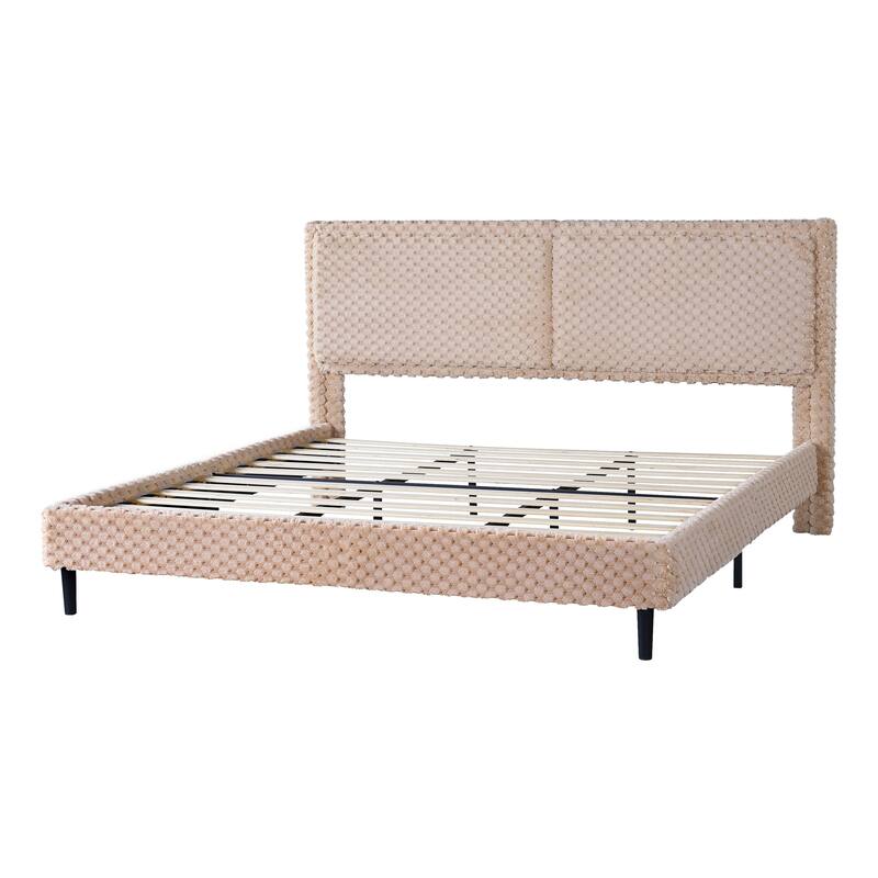 Upholstered King Bed with Plush Fabric and Padded Backrest Solid Wood Frame