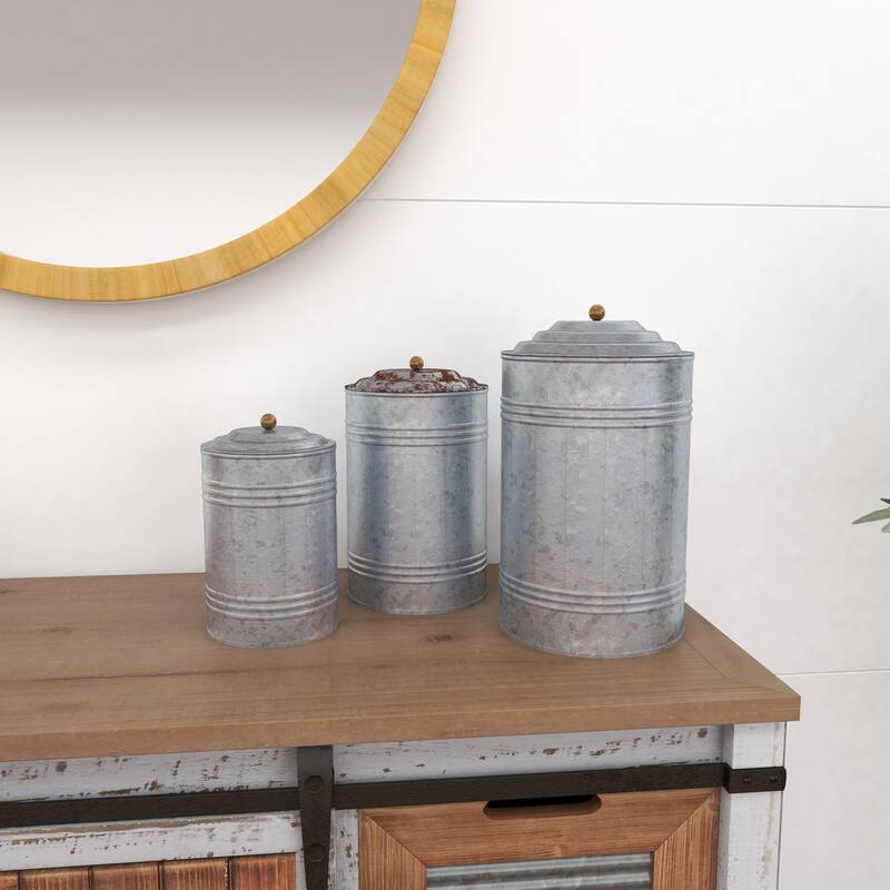 Gray Metal Galvanized Ribbed Living Room Decorative Jars with Gold Ball Knobs (Set of 3)
