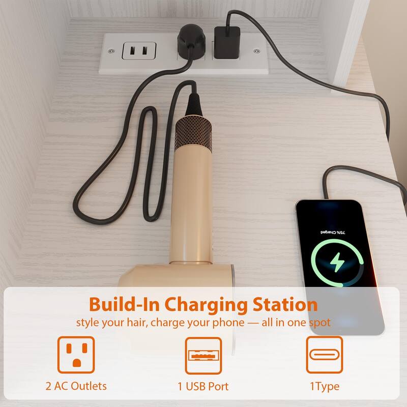 Modern Makeup Vanity with Sliding Mirror, 4 Drawers & 7 Shelves, 3 Light Colors, Charging Port & Stool Set