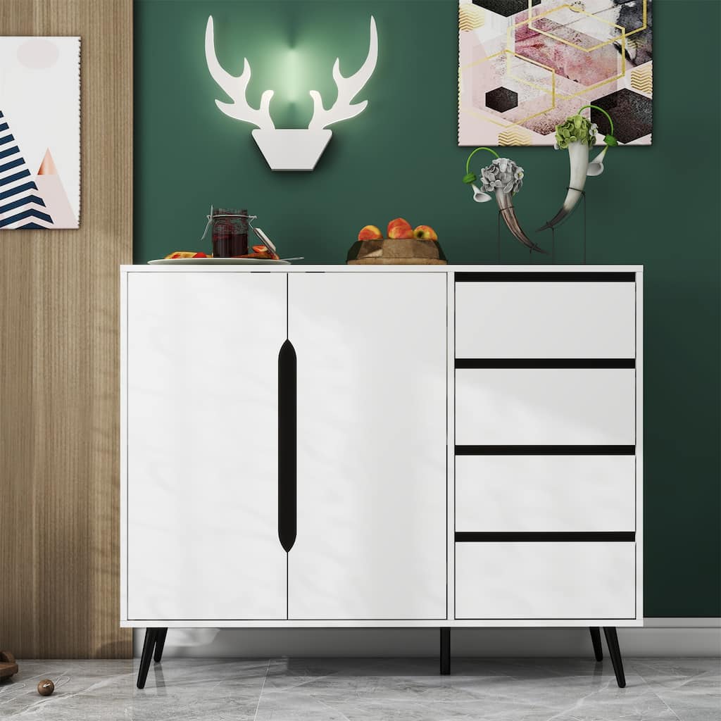 White Modern Side Cabinet with Four Drawers and Two Doors
