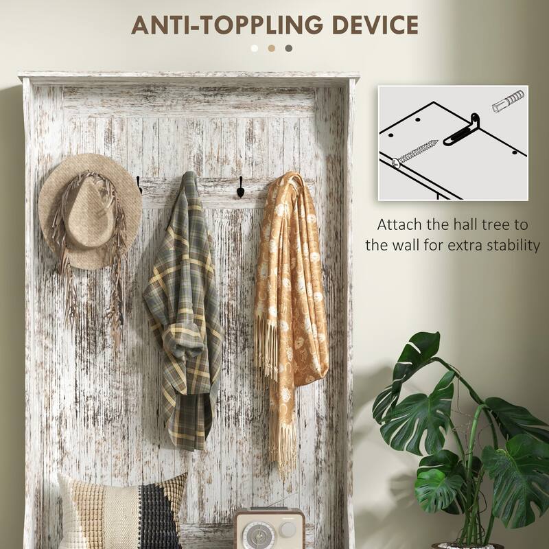 Entryway Bench Hall Tree with Storage Bench, White Hallway Bench Indooe Bench Coat Rack with 4 Hooks and Shoe Storage