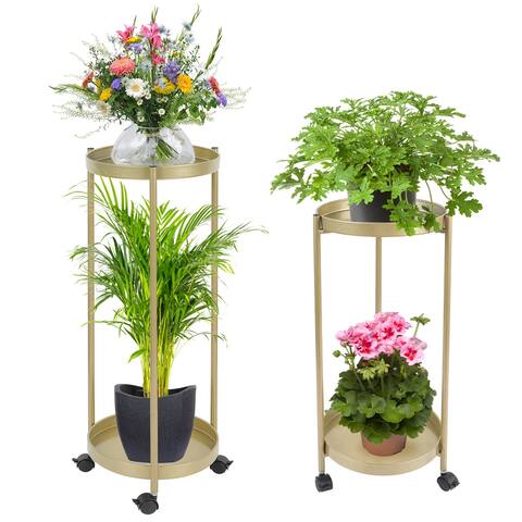 2 Tier Plant Stand Table Metal Plant Holder Corner Shelf with Wheels