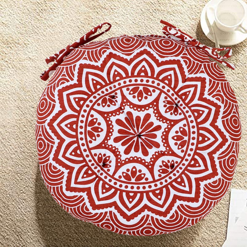 Handmade Cotton Mandala Tuffted Round Chair cushion pads 15''x15'' (Set of 2) with Ties for armchairs Dining Office chair - Rust