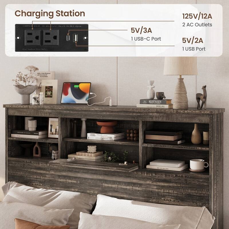 Wooden Bed Frame with Storage Headboard and Charging Station Bedroom Sets