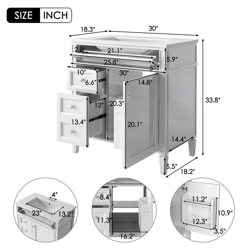30" Bathroom Vanity Set with Ceramic Sink & Mirror Cabinet, 3 Drawers, Soft-Close Storage, Modern Freestanding Unit