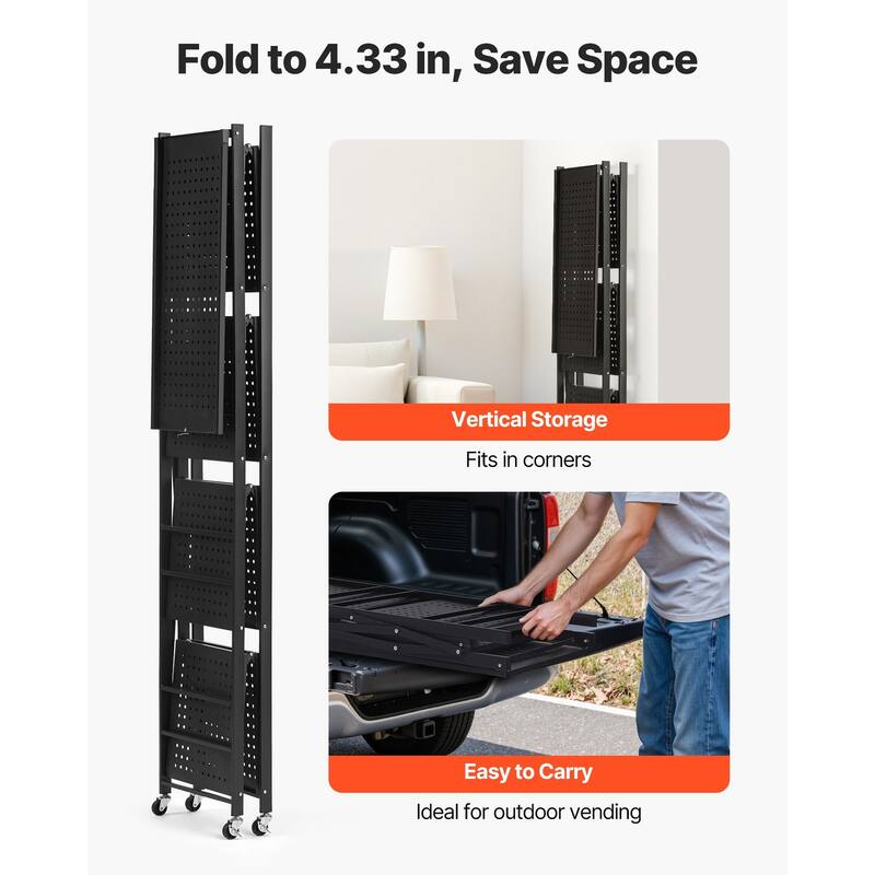 Black Carbon Steel 4 Tier Folding Garage Storage Shelf with Wheels - 13 x 28 x 54 in