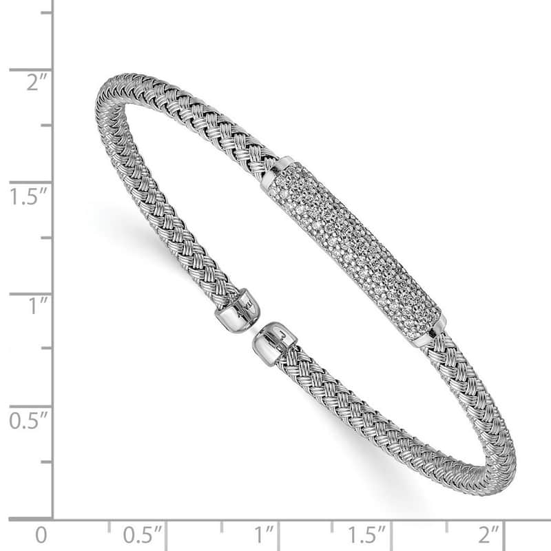 Curata 925 Sterling Silver Rhodium Cubic Zirconia Woven Flexible Cuff Stackable Bangle
