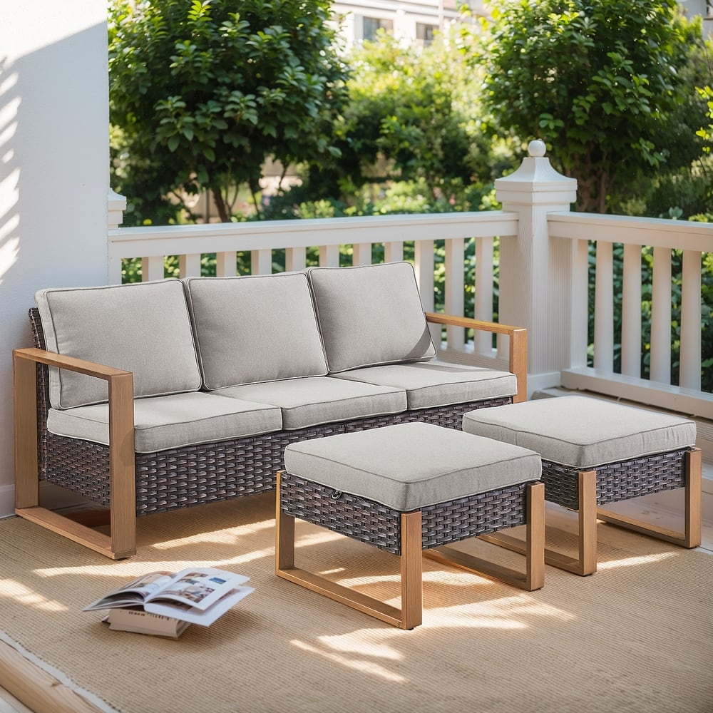 Gymojoy PE Rattan Sofa Deep Seating Sofa with Ottoman - Brown Wicker