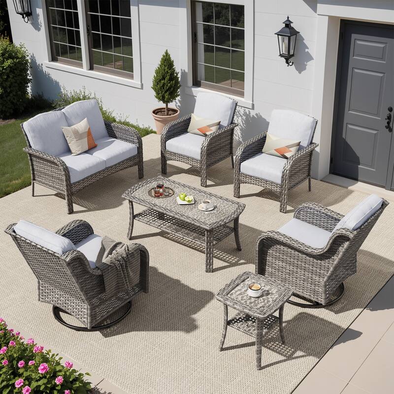 OVIOS 7 Pieces Outdoor Patio Swivel Chair Loveseat Conversation Set - Grey