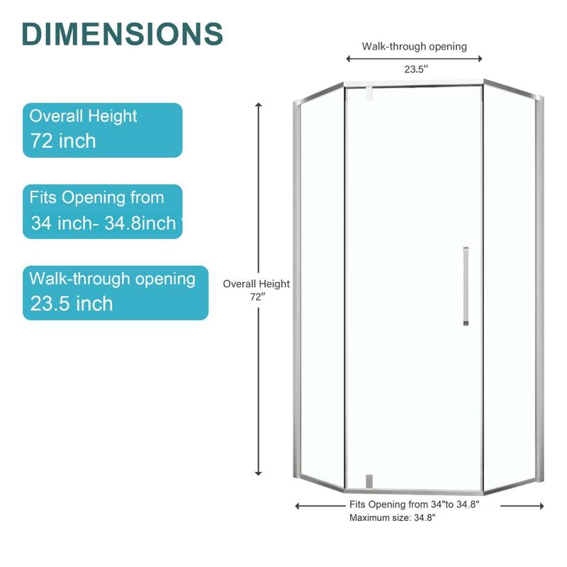 34"W x 72" H Framed Neo-Angle Hinged Shower Door - 34'' x 0.31'' x 72''