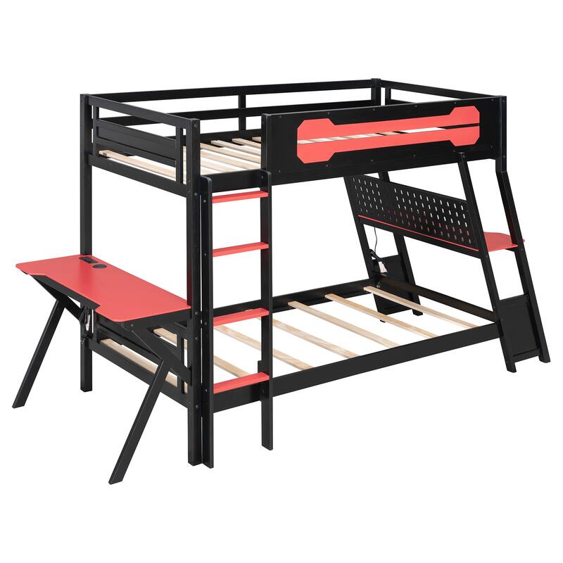 Gaming Bunk Bed Two Built-In Gaming Desks Each Side Loft Bed with USB Desktop Ports and Pegboard Organizer for Gaming Room Gamer