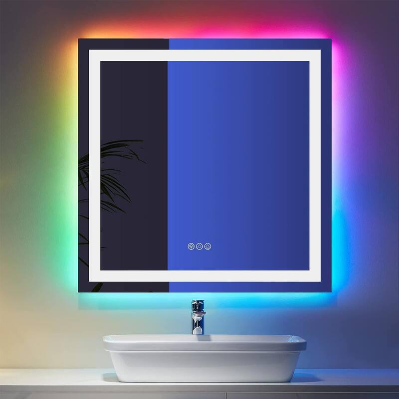 Super Bright RGB Backlit & LED Frontlit Anti-Fog Bathroom Vanity Mirror in Tempered Glass & ETL - 36" x 36"