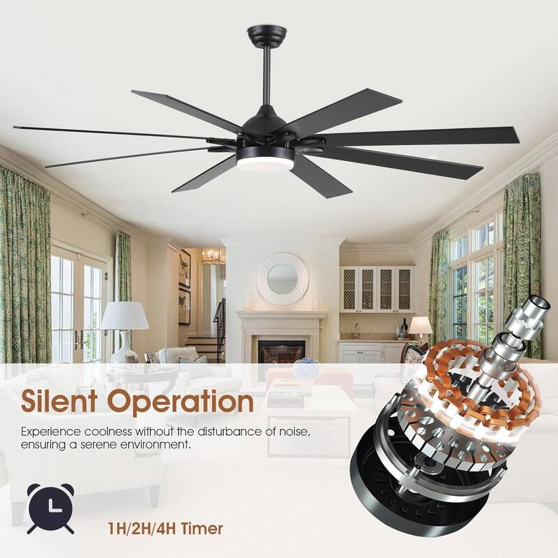 Kviflon 72 Inches 8 Blades Ceiling Fan with Light for indoor or Outdoor Patio Garage Large Living Room - 72 Inches