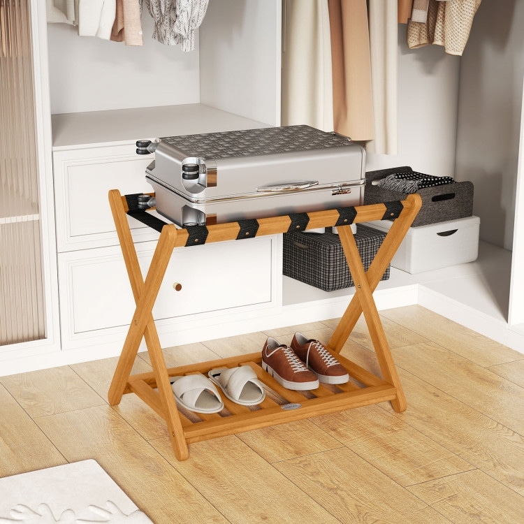 Set of 2 Oak Acacia Wood Folding 2-Tier Luggage Rack with Straps