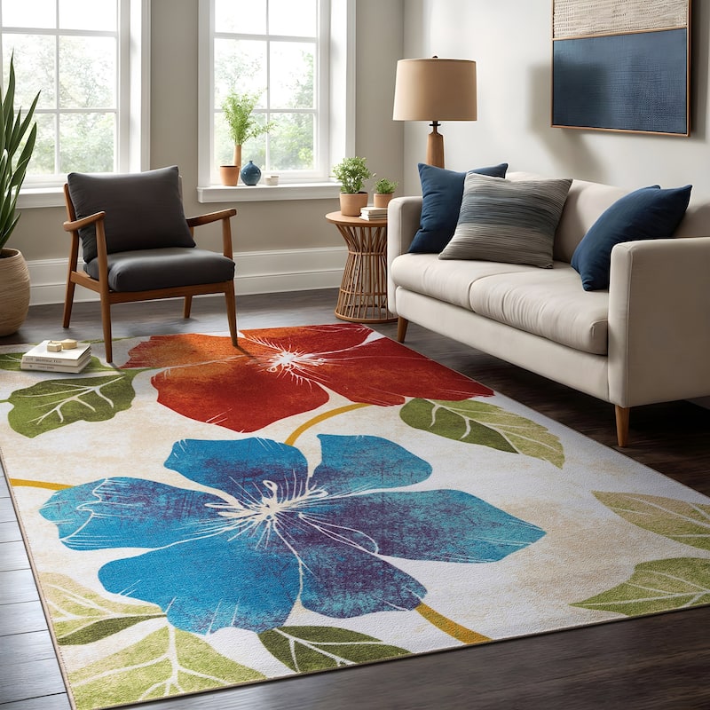 Bahamas Black White Floral Non-Slip Rubber Back Indoor Area Rug