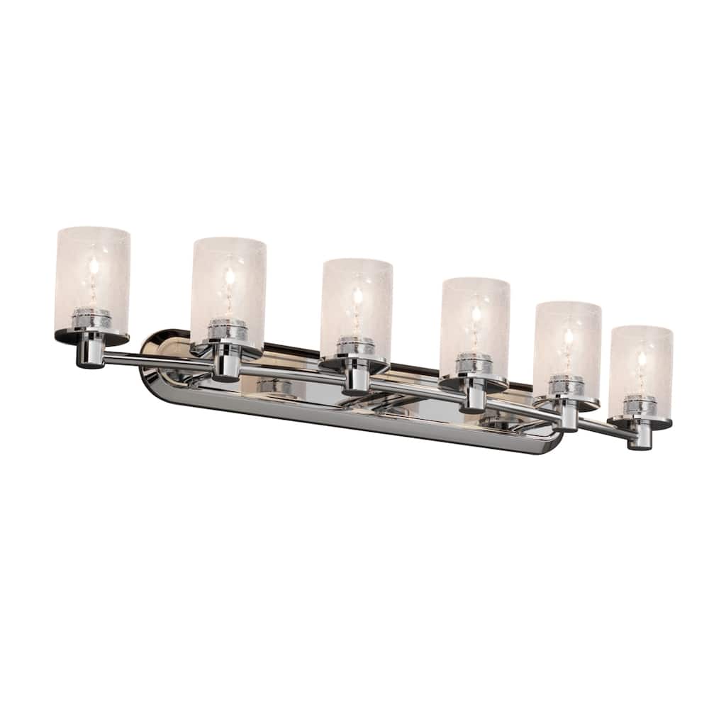 Justice Design Fusion Rondo 6-light Polished Chrome Bath Bar, Seeded Cylinder w/ Flat Rim Shade - Polished Chrome