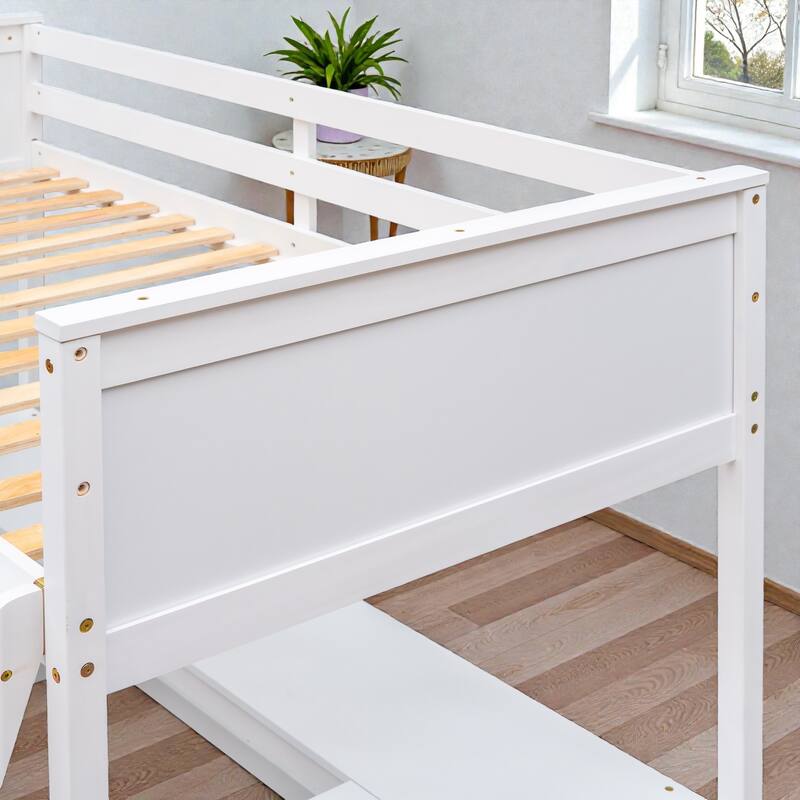 Twin Size Wooden Loft Bed with Shelves and Desk, Space-Saving Pine Wood Loft Bed with Guardrails and Ladder