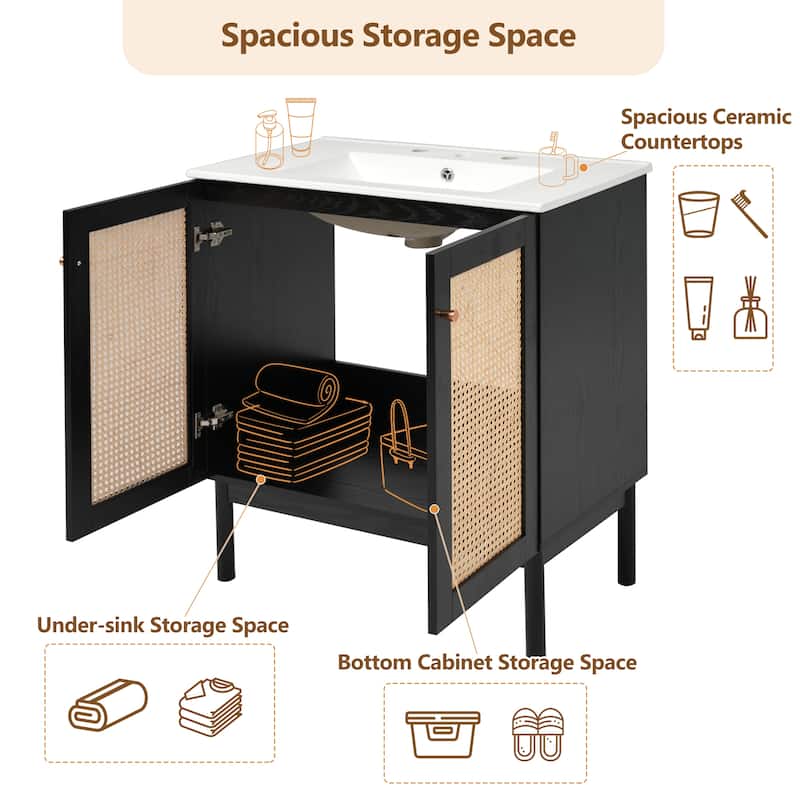 Boho Rattan Black Bathroom Vanity, Rectangular Ceramic Sink Bathroom Cabinet, 30" - 30 Inch
