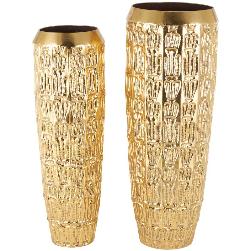 Gold Metal Tall Vase with Grooved Patterns (Set of 2)