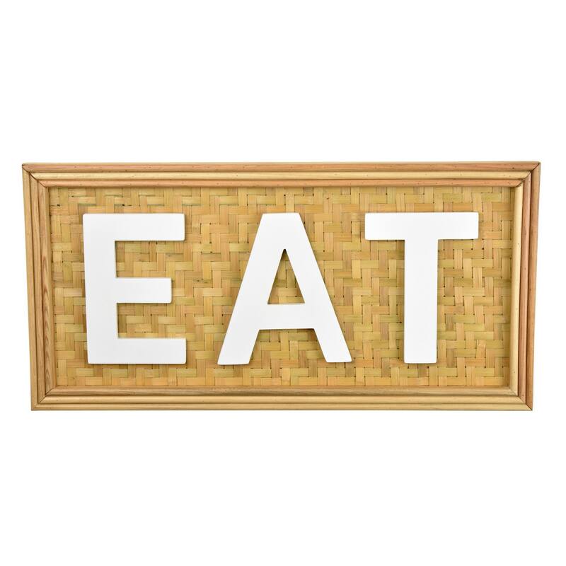 Eat Wall Decor Sign, 24 Inch Brown Wood Background, White Woven