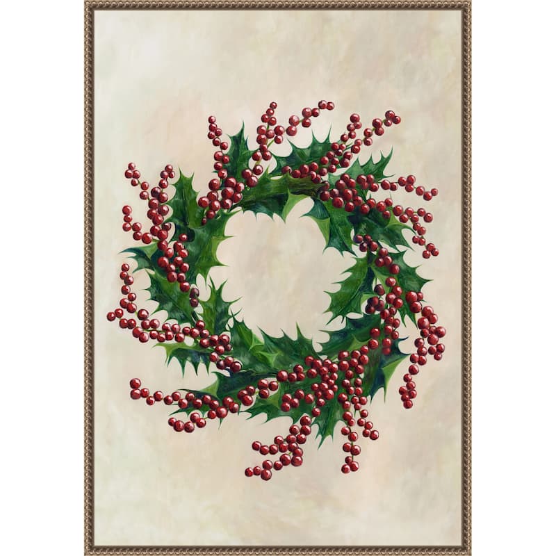 Holly wreath by Rosana Laiz Blursbyai (23 x 33 in.), Framed Canvas Wall Art Print - Sylvie Beaded Dark Gold