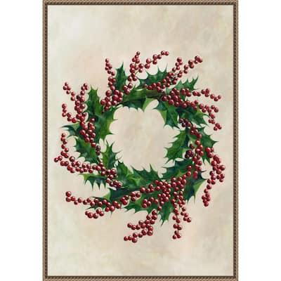 Holly wreath by Rosana Laiz Blursbyai (23 x 33 in.), Framed Canvas Wall Art Print - Sylvie Beaded Dark Gold