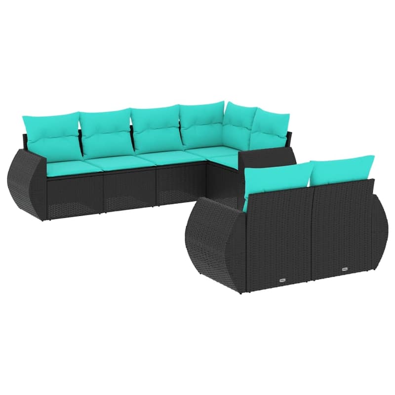 vidaXL 7 Piece Patio Sofa Set with Cushions Black Poly Rattan - 28 x 24.4 x 27.2