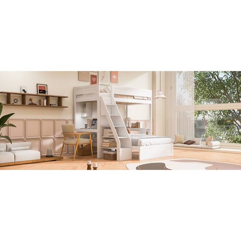 Roomfitters Twin XL Over Full Bunk Bed with Built-In Desk, USB Port and Shelves