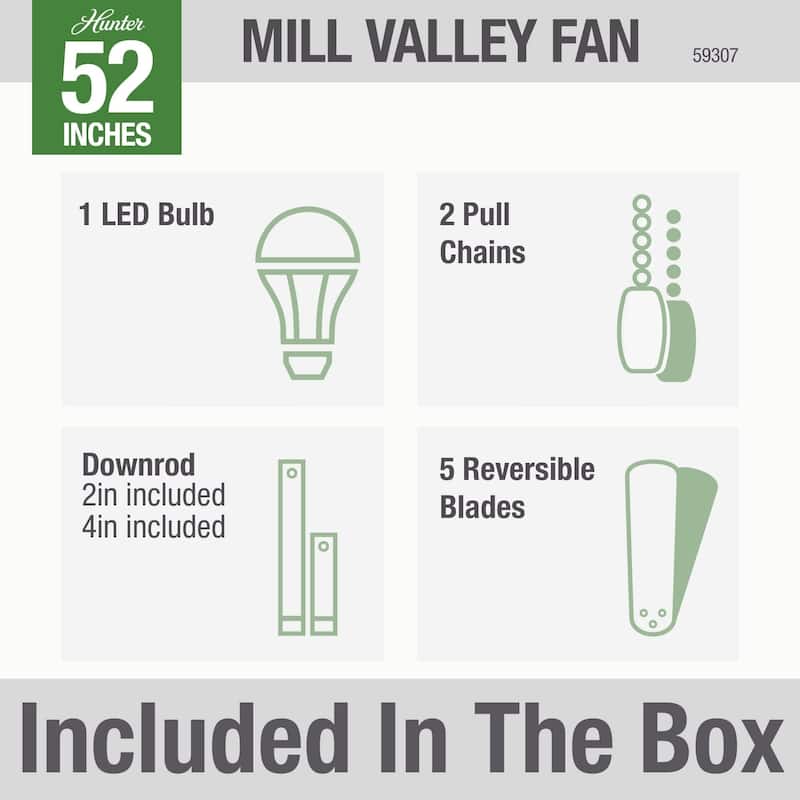 Hunter 52" Mill Valley Outdoor Ceiling Fan with LED Light Kit and Pull Chain - Farmhouse, Industrial, Rustic - DAMP RATED!