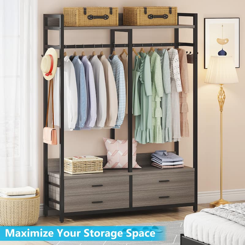Freestanding Closet Organizer, Clothing Rack with 4 Drawers, 8 Hooks and Storage Shelves - Grey