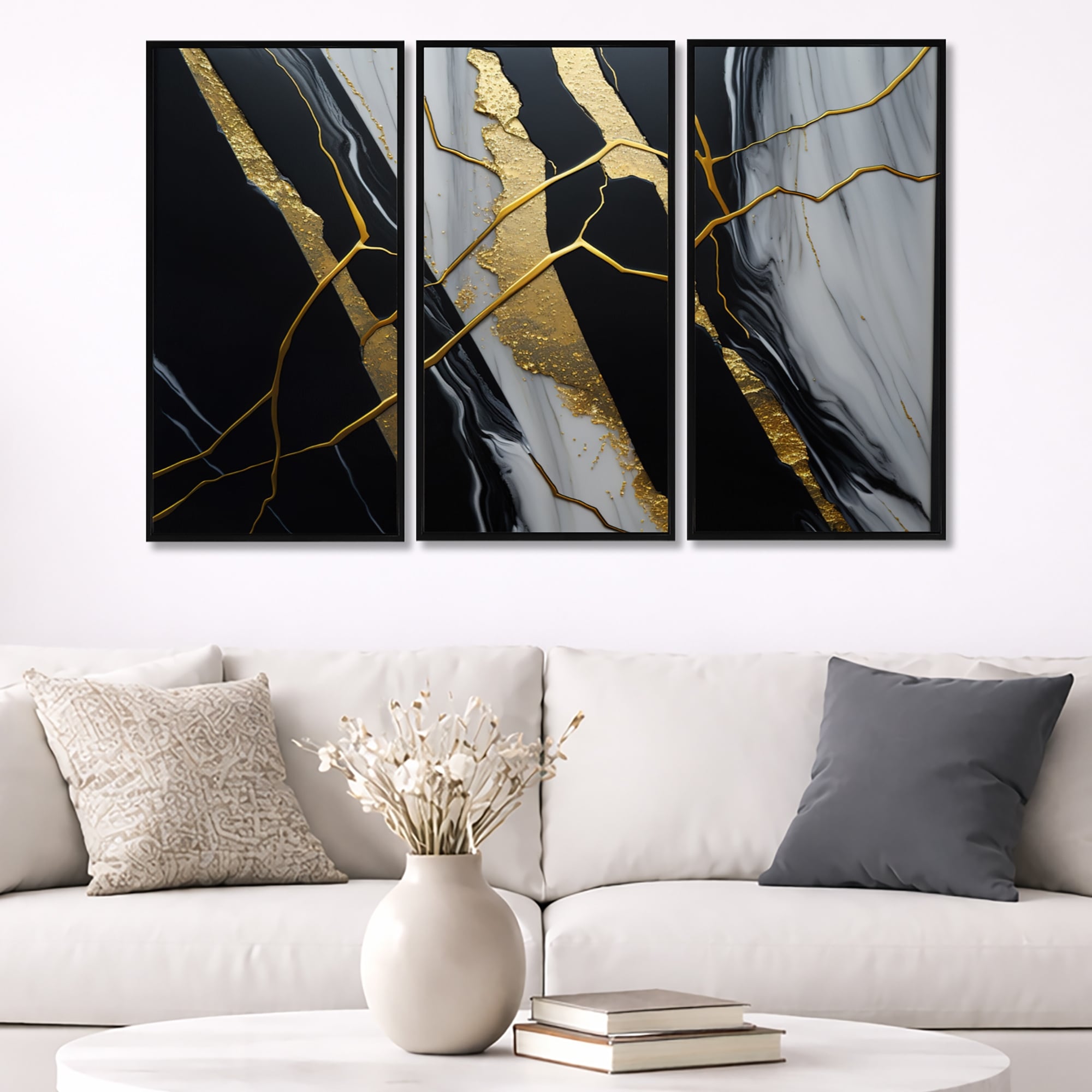 Designart "Abstract Geode Black II" Abstract Marble Framed Canvas Art Print - 3 Panels