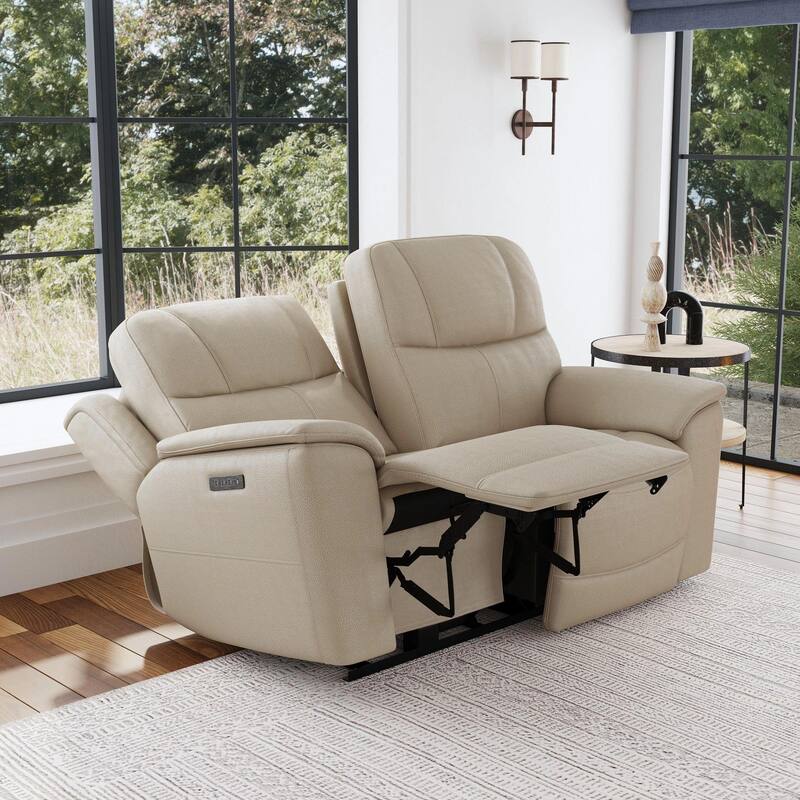 Crew Top Grain Leather Power Reclining Loveseat with Power Headrests & Lumbar - Pebble