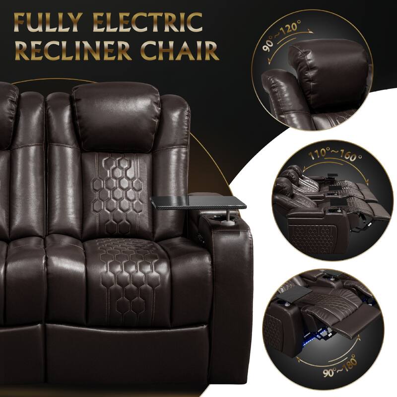 Roomfitters 93.3" Power Recliner 3-Piece Set, Top-Grain Nappa Leather, 39-Color RGB LED & USB-C Charging, Coffee