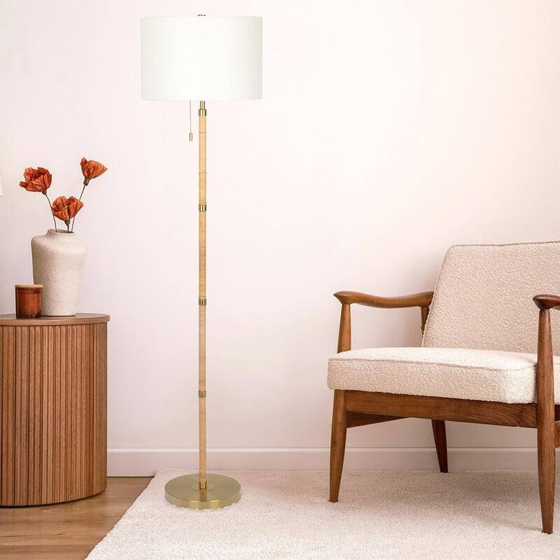 Stellar Wood Rattan Tube , Gold Brass Metal and White Linen Shade Floor Lamp - Gold,Natural Wood,Rattan,White
