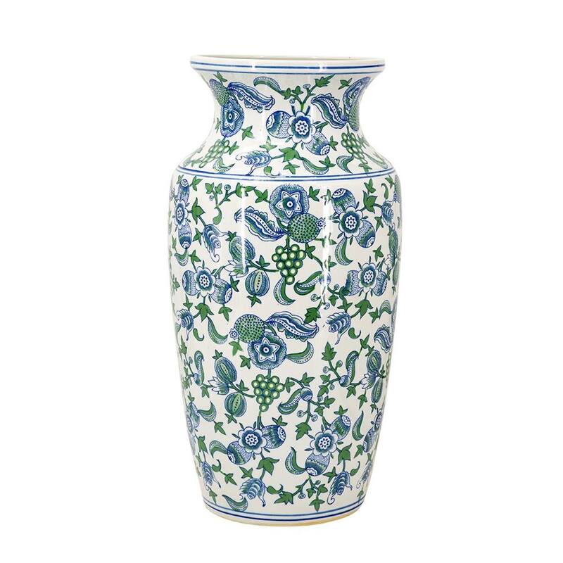 24" White Blue And Green And White Chinoiserie Porcelain Table Vase - 12.00