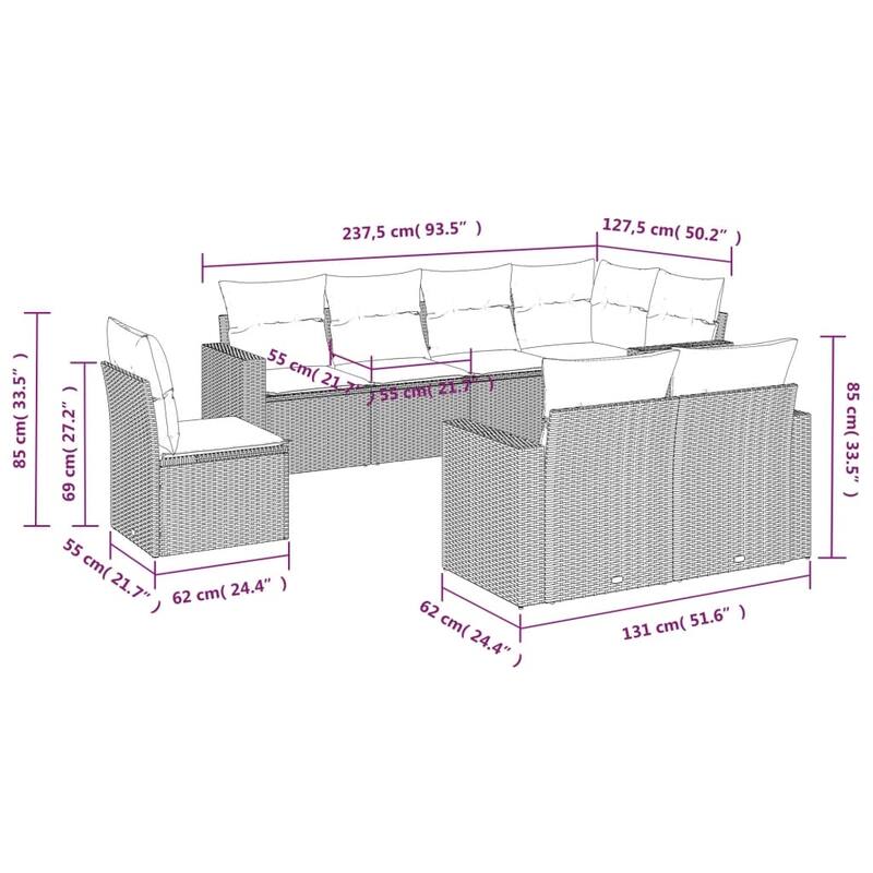 vidaXL Garden Sofa Set Beige PE rattan and powder-coated steel 8 Piece Set - 24.4 x 25.8 x 27.2