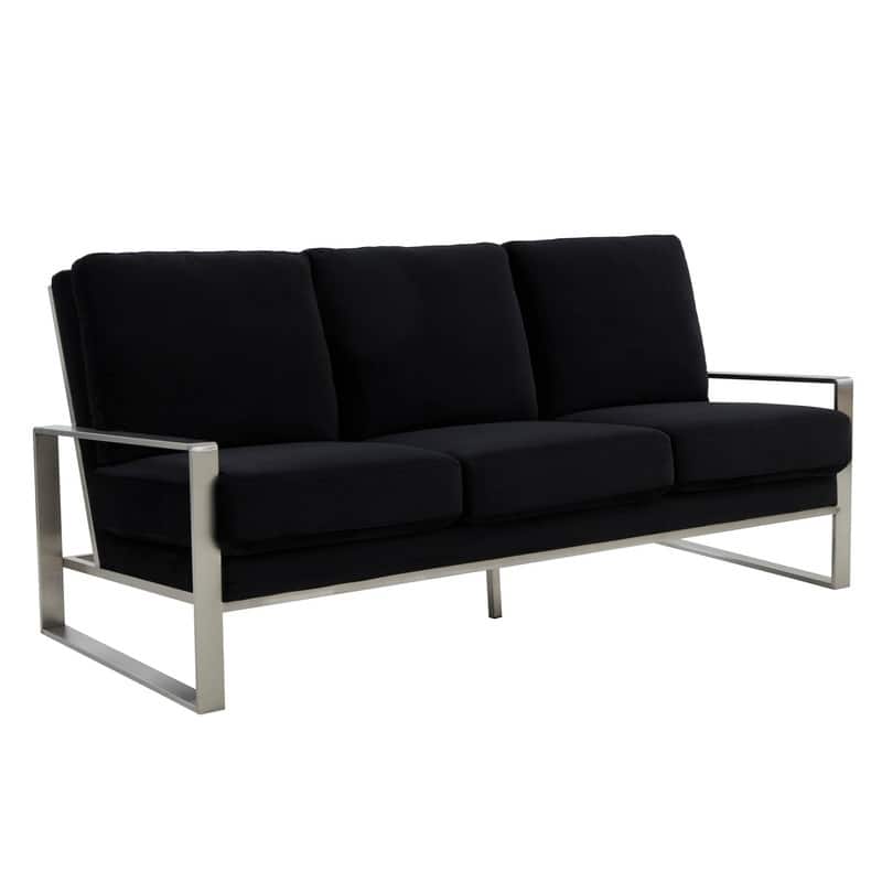 Jefferson Velvet Upholstered 3 Seater Sofa with Silver Metal Frame with Removable Cushion for Living Room, Bedroom, Office - Black