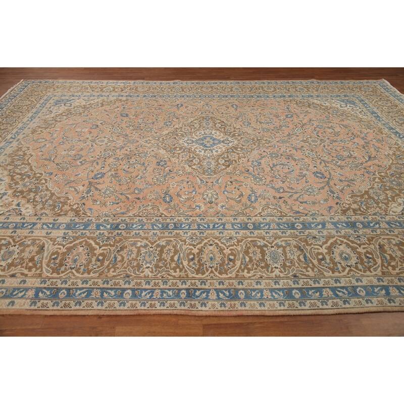 Hand Knotted Oriental 100% Wool Carpet Traditional Floral Pink Mashad Area Rug - 13' 2'' X 9' 9''
