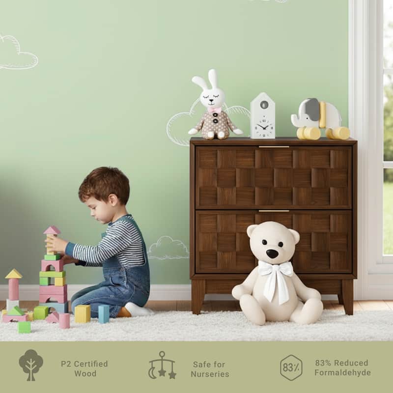 22" Modern Nightstand with Charging Station & 2 Drawers - Compact Bedroom Side Table​