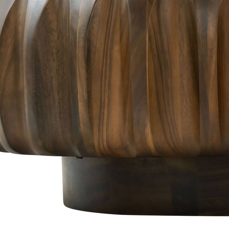 31.5" Round Coffee Table with Sculptural Design, Solid Wood Carved Drum Center Table Luxury End Side Table with Sturdy Base