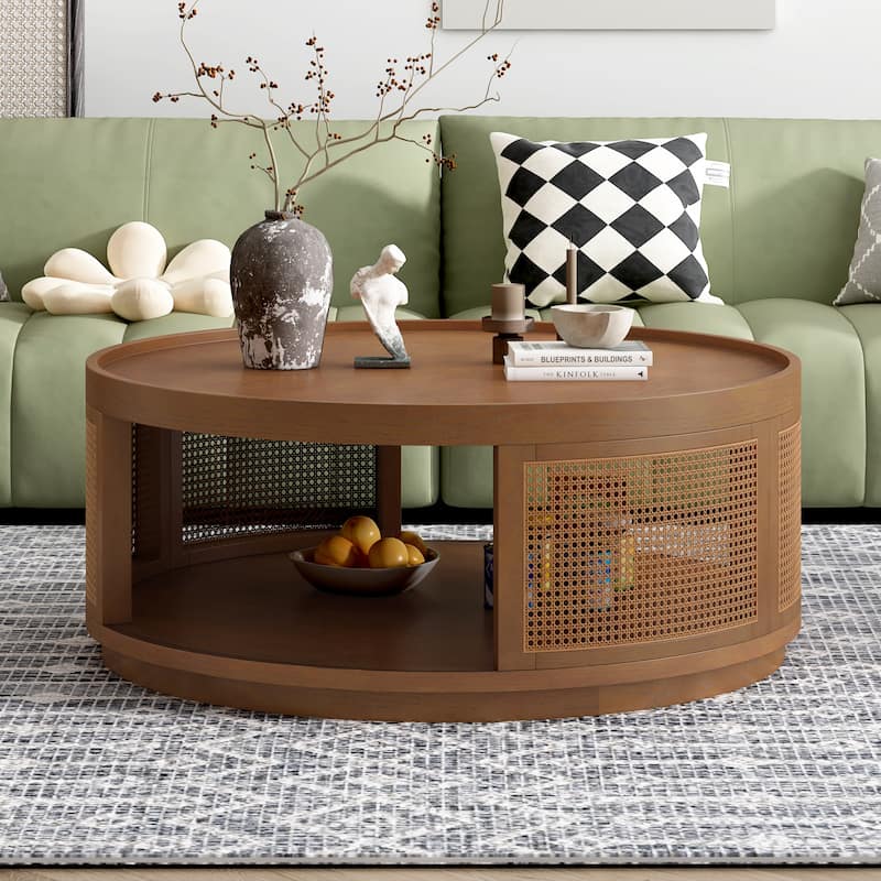 36.8" Solid‑Wood Round Coffee Table with Storage Shelf & PE Rattan Sides