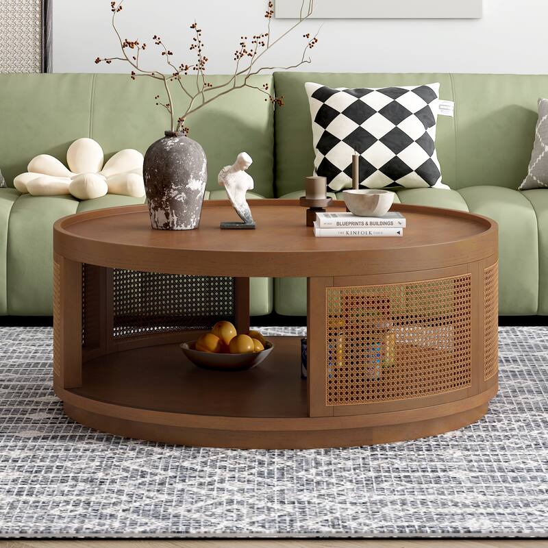 Mid-Century Modern Wooden Coffee Table Round Rattan Coffee Table with PE Rattan Edge, for Living Room, Brown