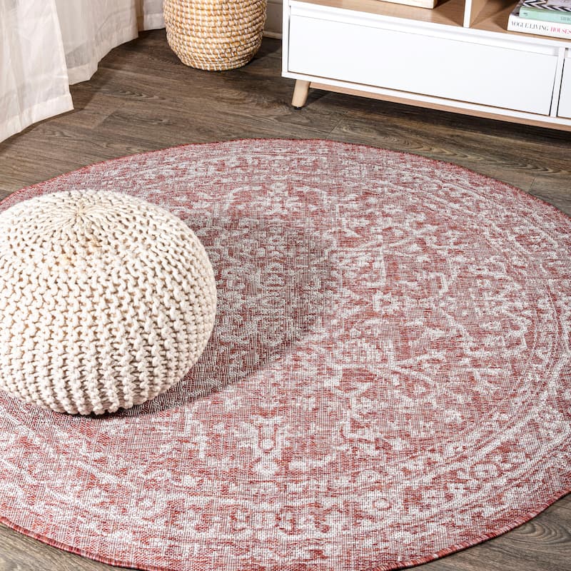 JONATHAN Y Medallion Textured Weave Indoor/Outdoor Area Rug - 3' Round - Red/Taupe