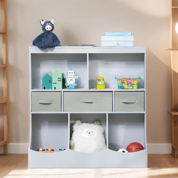 slide 2 of 8, Kids Toy Storage Organizer Cabinet, Display Bookshelf with Drawers Grey