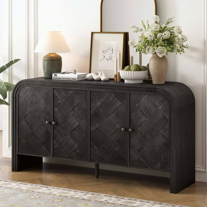 Multi-Functional Sideboard with Woven Wood Slat Doors - Black