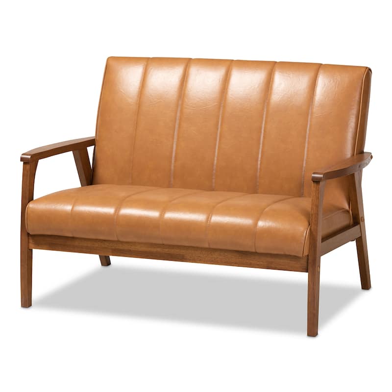 NikkoTan Faux Leather and Walnut Brown finished Wood Loveseat - Tan