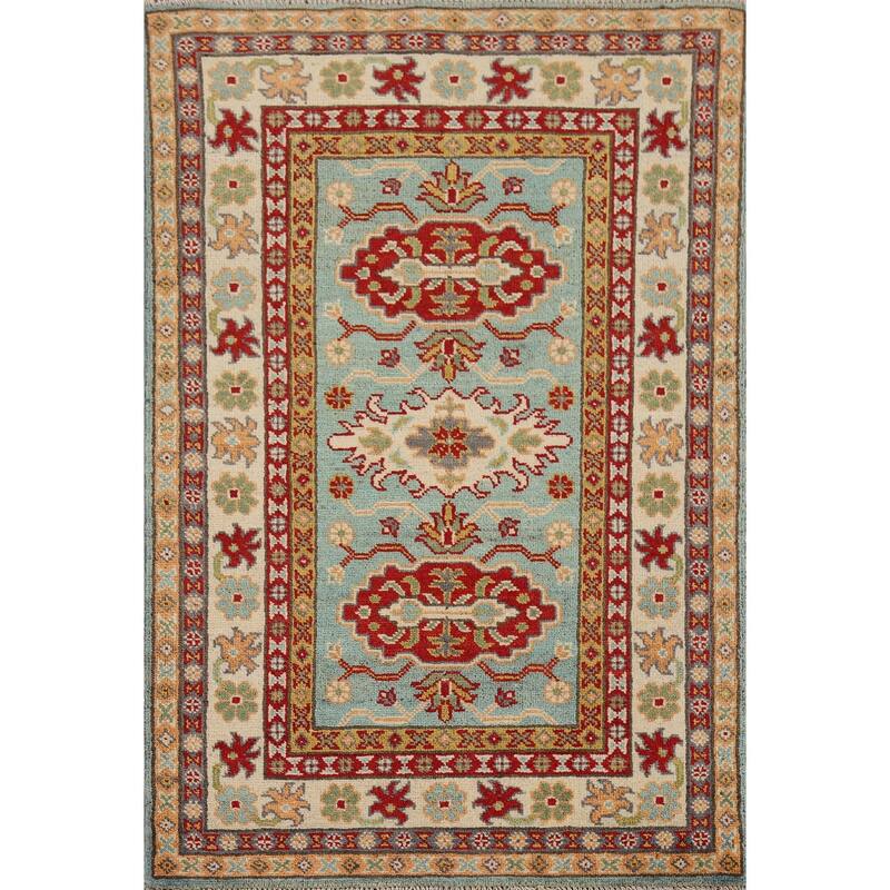 Turquoise Kazak Oriental Accent Rug Hand-Knotted Wool Carpet - 2'7" x 4'1"
